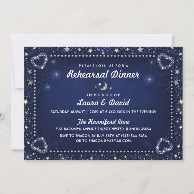 Navy Blue Moon Stars Gold & White Rehearsal Dinner Invitation (Front)