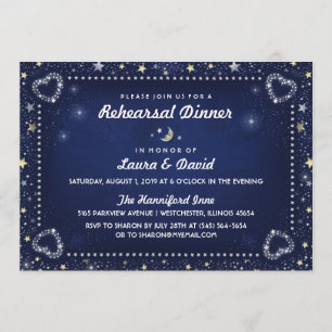 Navy Blue Moon Stars Gold & White Rehearsal Dinner Invitation