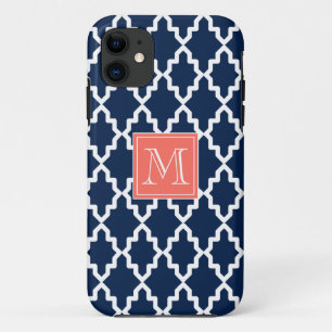 Navy Blue Moroccan Coral Monogram iPhone 11 Case