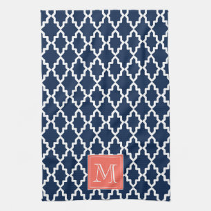 Navy Blue Moroccan Coral Monogram Tea Towel