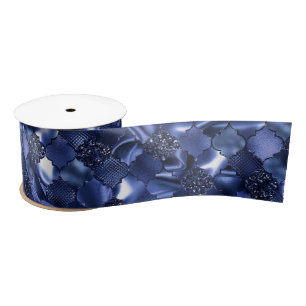 Navy Blue Moroccan Quatrefoil Pattern Satin Ribbon