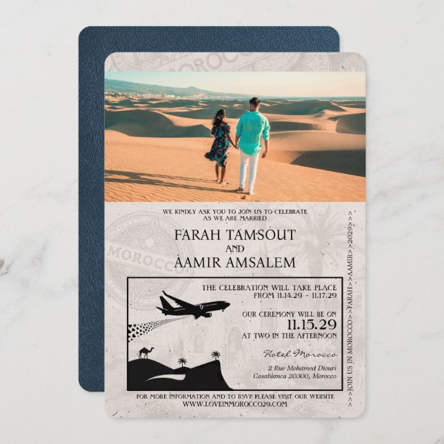 Navy Blue Morocco Passport Wedding Invitation (Front/Back)