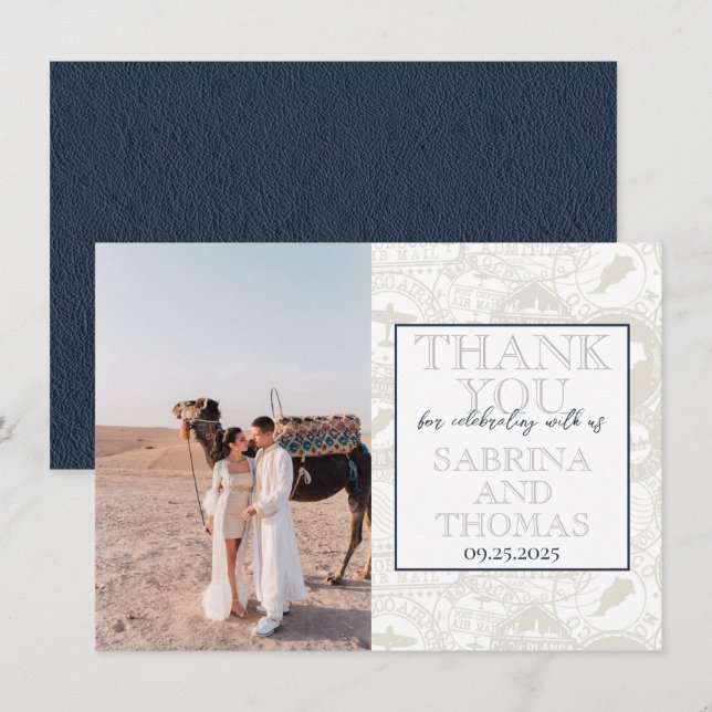 Navy Blue Morocco Wedding Photo Thank You Card (Front/Back)