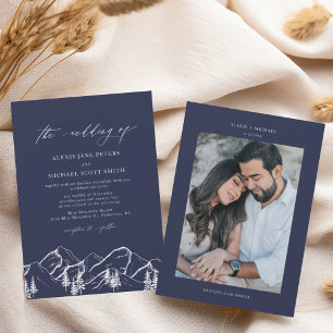 Navy Blue Mountains Outdoor Pine Tree Wedding Invitation