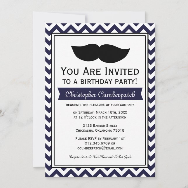 Navy Blue Moustache Chevron Birthday Party Invitation (Front)