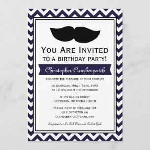 Navy Blue Moustache Chevron Birthday Party Invitation