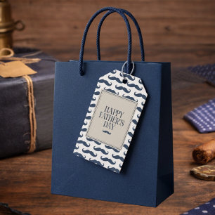 Navy Blue Moustache Pattern Happy Father's Day Gift Tags