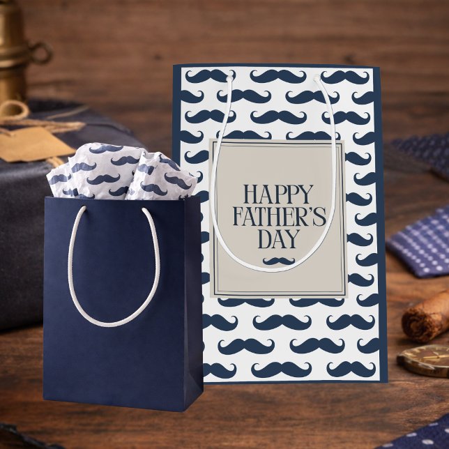 Navy Blue Moustache Pattern Happy Father's Day Medium Gift Bag (Creator Uploaded)