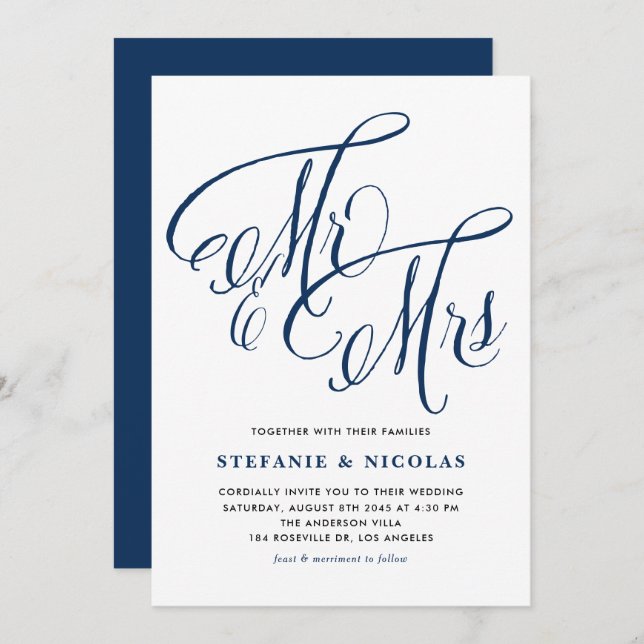 Navy Blue Mr. and Mrs. Rustic Calligraphy Wedding Invitation (Front/Back)