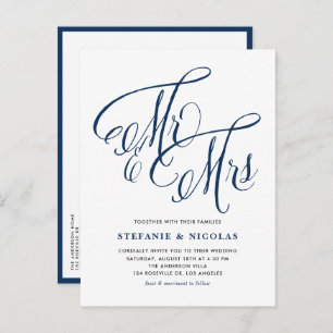 Navy Blue Mr and Mrs Rustic Calligraphy Wedding Invitation Postcard