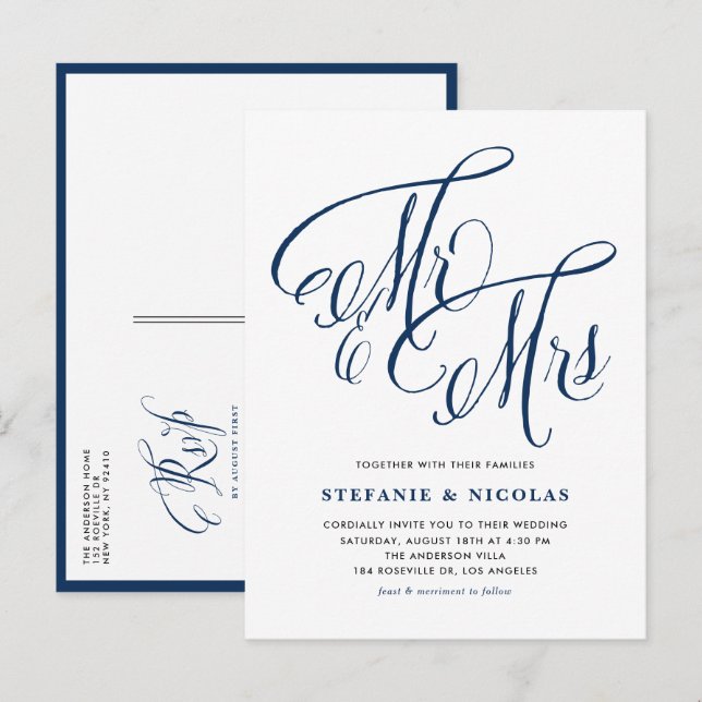 Navy Blue Mr and Mrs Rustic Calligraphy Wedding Invitation Postcard (Front/Back)