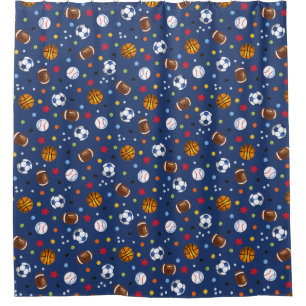 Navy Blue Multi Sports Balls Printed Shower Curtai Curtain