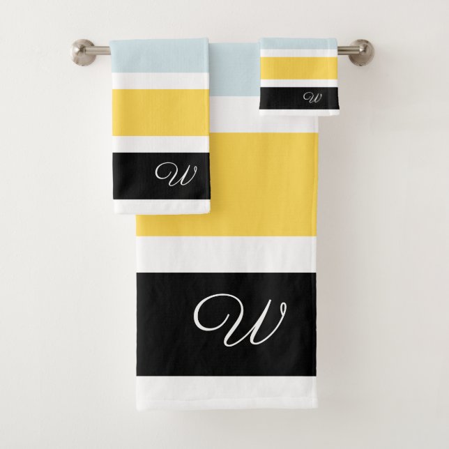 Navy Blue Mustard Yellow Monogram Bath Towel Set (Insitu)