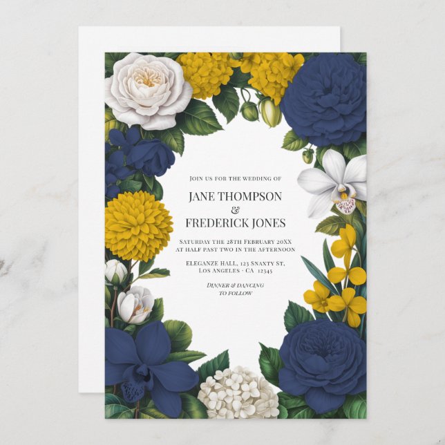 Navy Blue, Mustard Yellow & White Floral Wedding Invitation (Front/Back)