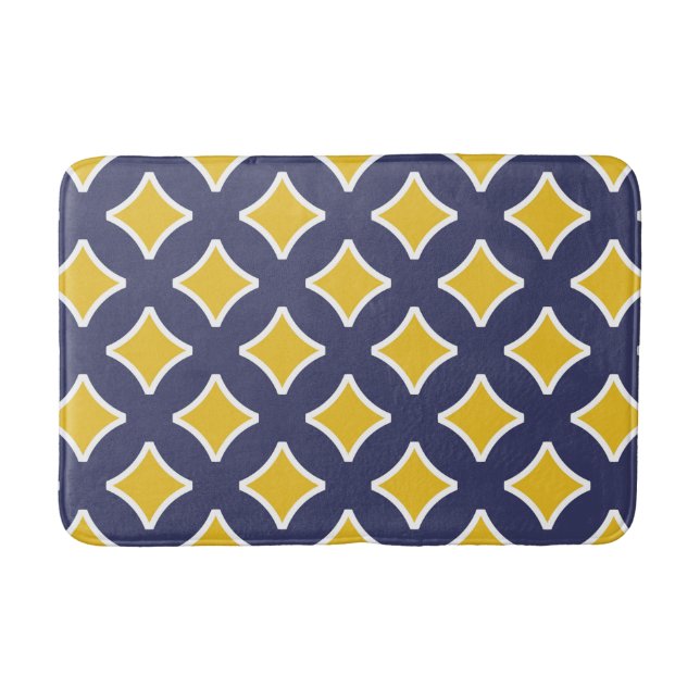 Navy blue, mustard yellow, white, modern bath mat (Front)
