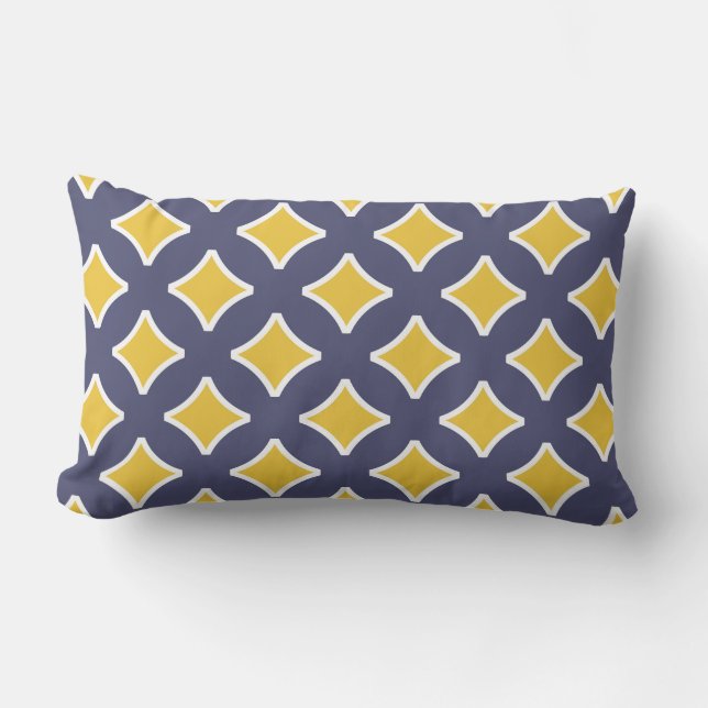 Navy blue, mustard yellow, white, modern lumbar cushion (Front)