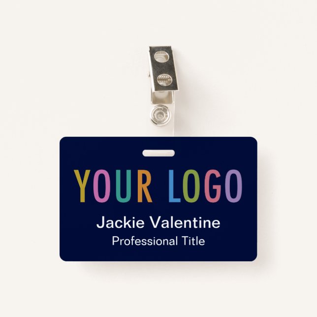 Navy Blue Name Badge with Logo Clip Reel Lanyard ID Badge (Front with Clip)