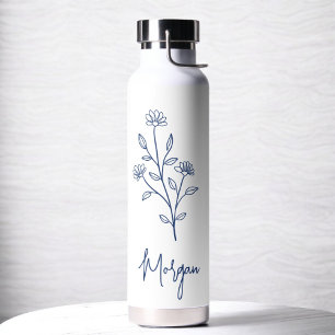 Navy Blue Name Floral Bachelorette Bridal  Water Bottle