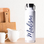 Navy Blue Name Handwritten Script Custom Water Bottle<br><div class="desc">A trendy navy blue personalised monogram water bottle for a girl or guy who loves simple,  handwritten gifts. Beautiful cursive script down the side of your bottle spelling out your name.</div>