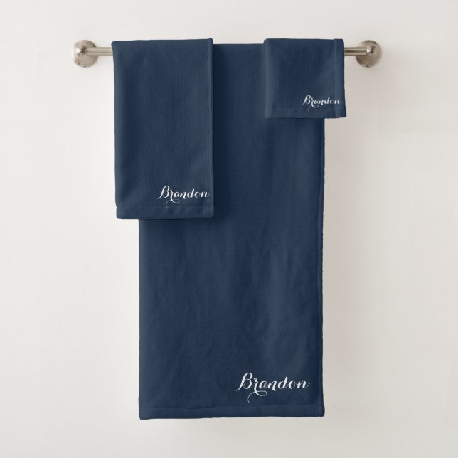 Navy Blue Name Modern Elegant Monogram Boho Bath Towel Set (Insitu)