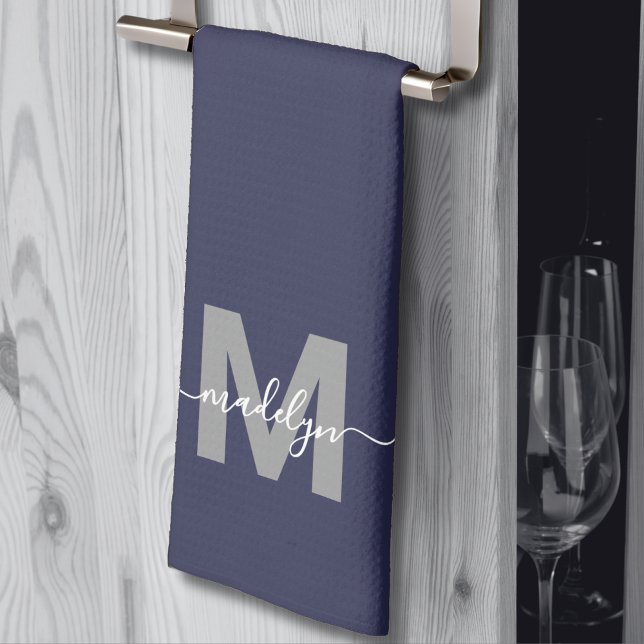 Navy Blue Name Monogram Tea Towel (Navy Blue Name Monogram kitchen towel )