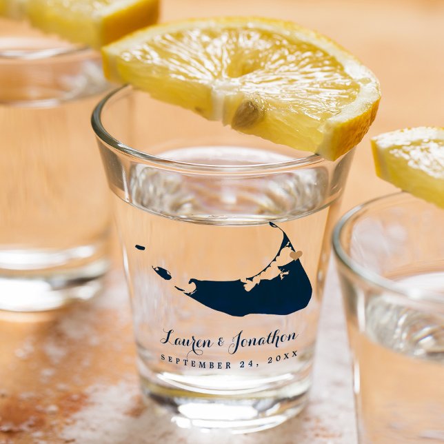 Navy Blue Nantucket Island Map Gold Heart Wedding Shot Glass (Creator Uploaded)