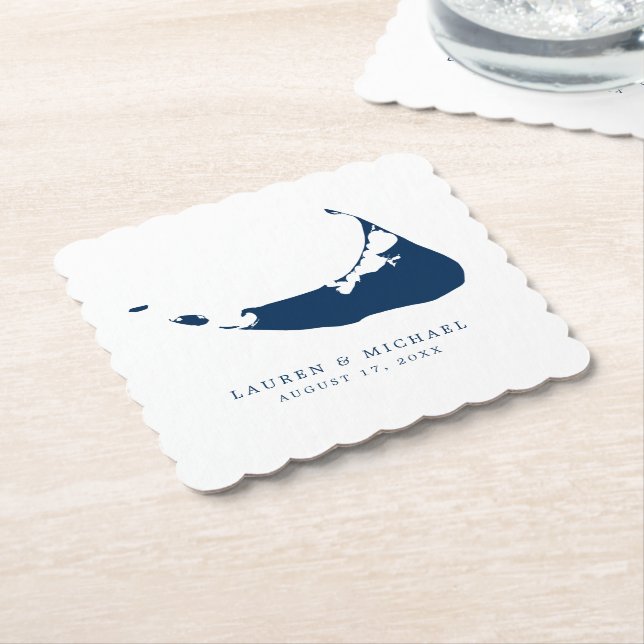 Navy Blue Nantucket Island Map Wedding Reception Paper Coaster (Angled)