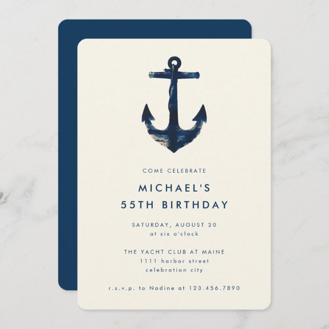 Navy Blue Nautical Anchor 55th Birthday Party  Invitation (Front/Back)