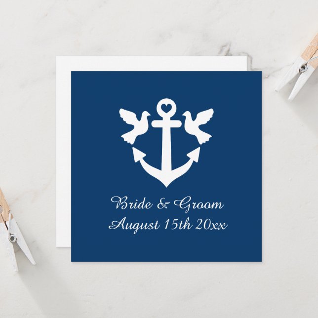 Navy blue nautical anchor and white doves wedding invitation (Front/Back In Situ)