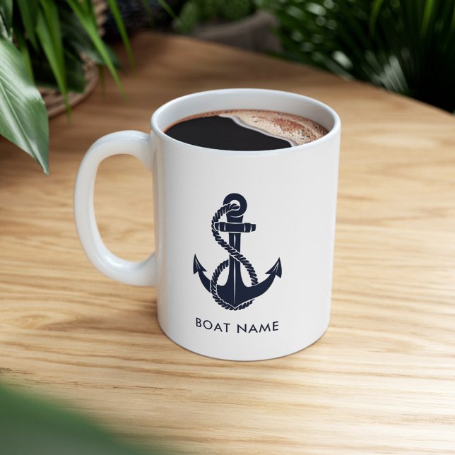 Navy Blue Nautical Anchor Boat Name Custom Two-Tone Coffee Mug (Nautical Boat Name Sailing White 11oz Custom Coffee Mug)
