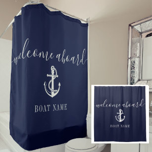 Navy Blue Nautical Anchor Boat Name Welcome Aboard Shower Curtain
