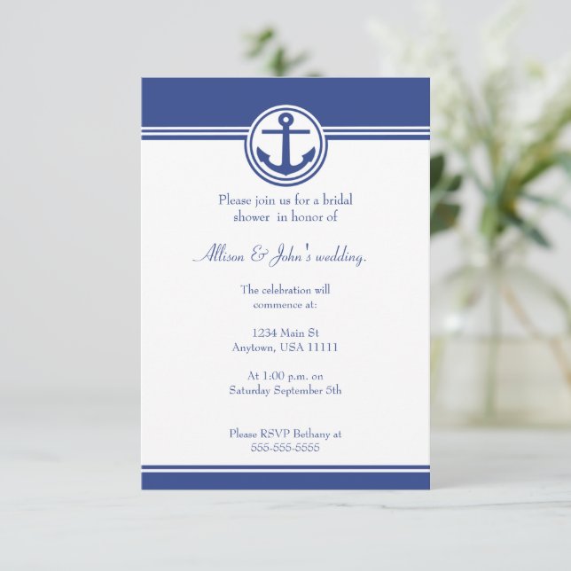 Navy Blue Nautical Anchor Bridal Shower Invitation (Standing Front)