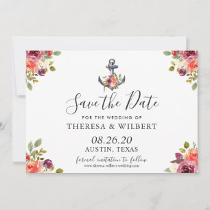 Navy Blue Nautical Anchor Floral Save The Date