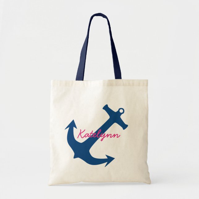 Navy Blue Nautical Anchor Monogram Canvas Tote Bag (Front)