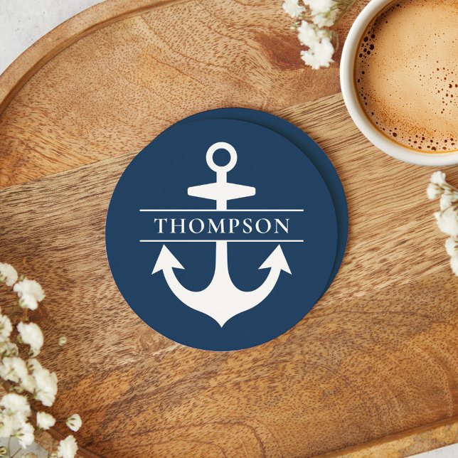 Navy Blue Nautical Anchor Monogram Round Paper Coaster (Creator Uploaded)