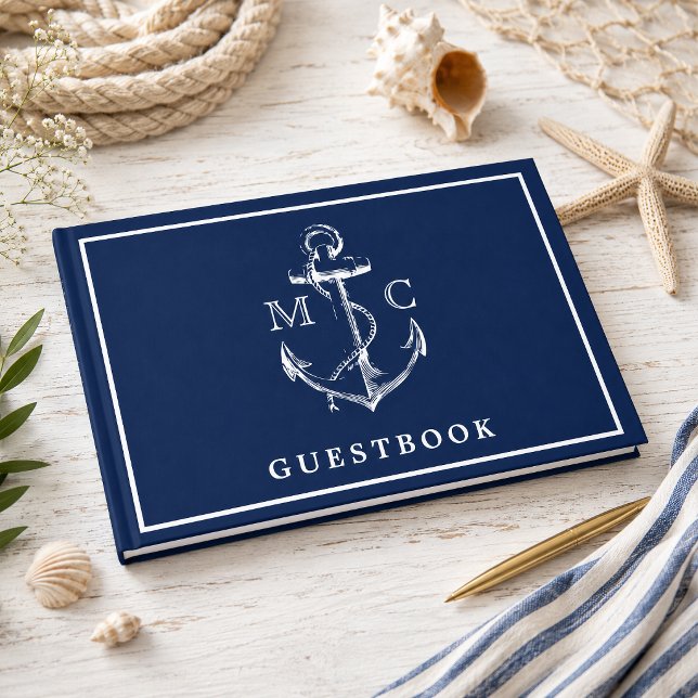 Navy Blue Nautical Anchor Monogram Wedding Guest Book (Add a nautical designed guestbook to your beach or seaside wedding. )