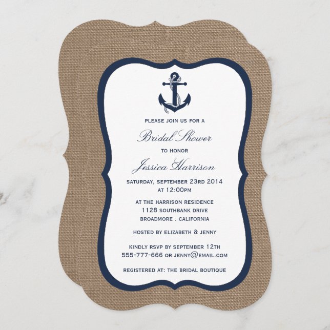 Navy Blue Nautical Anchor On Burlap Bridal Shower Invitation (Front/Back)