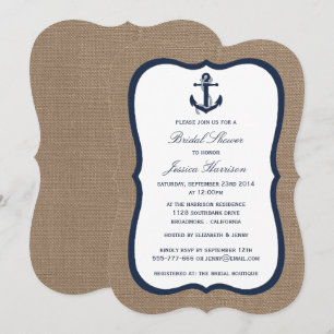 Navy Blue Nautical Anchor On Burlap Bridal Shower Invitation