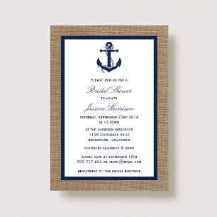 Navy Blue Nautical Anchor On Burlap Bridal Shower Invitation
