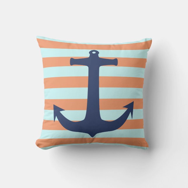 Navy Blue Nautical Anchor Orange Mint Blue Stripes Cushion (Front)