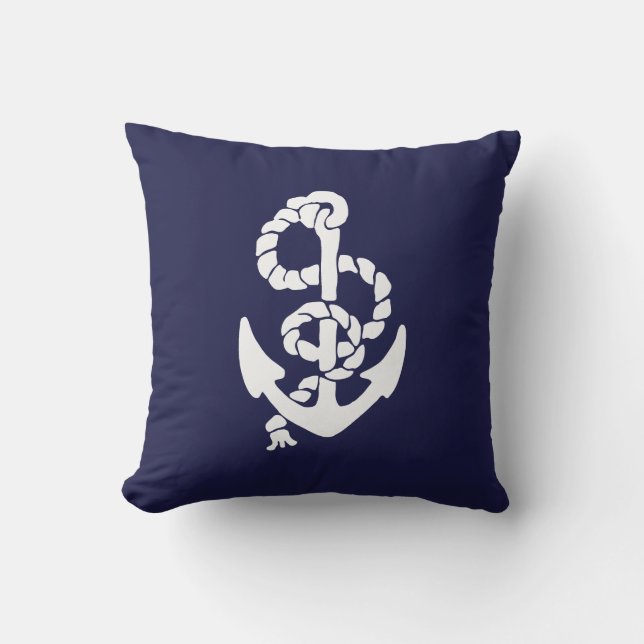 Navy Blue Nautical Anchor Outdoor Throw Pillow (Front)