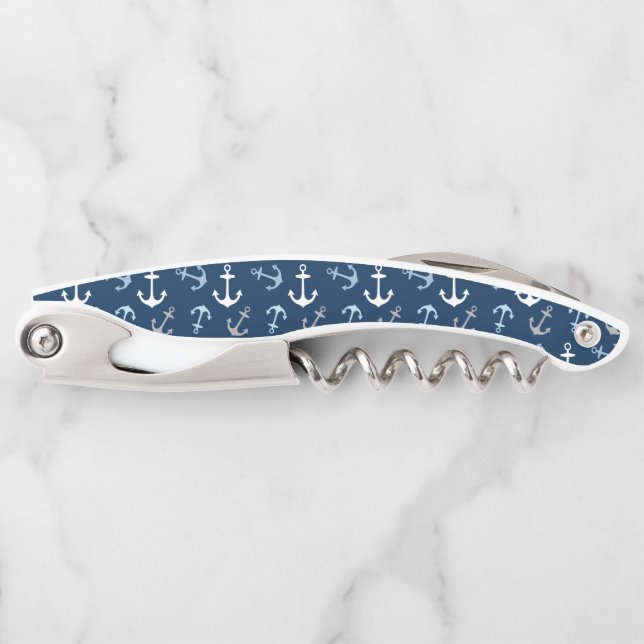 Navy Blue Nautical Anchor Pattern Corkscrew (Front)