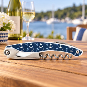 Navy Blue Nautical Anchor Pattern Corkscrew