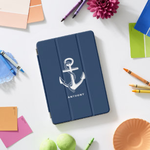 Navy Blue Nautical Anchor Personalised iPad Cover