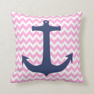 Navy Blue Nautical Anchor Pink White Chevron Cushion
