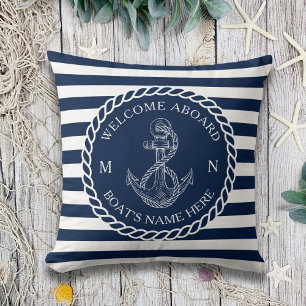 Navy Blue Nautical Anchor Rope Welcome Outdoor Cushion