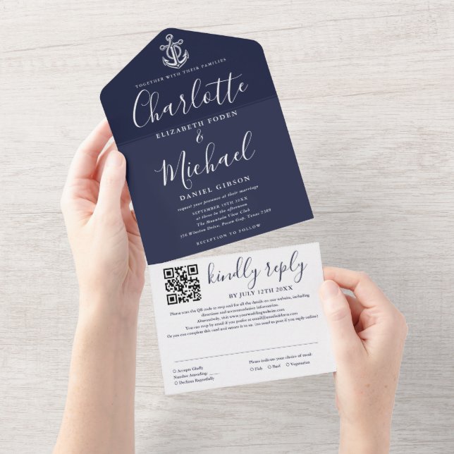 Navy Blue Nautical Anchor Script QR Code Wedding All In One Invitation (Tearaway)
