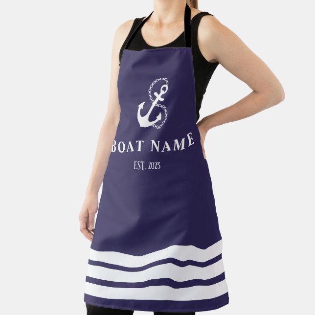 Navy Blue Nautical Anchor & Stripes Apron (Insitu)