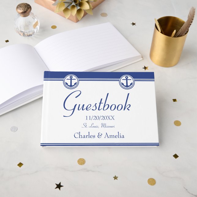 Navy Blue Nautical Anchor Wedding Day Guestbook (Front Open)