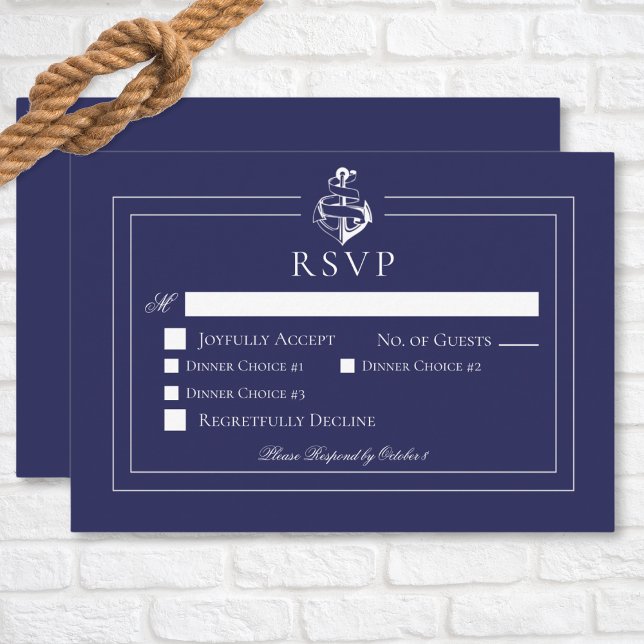 Navy Blue Nautical Anchor Wedding Dinner RSVP Card (Navy Blue Nautical Anchor Wedding Response Card with Dinner Options)